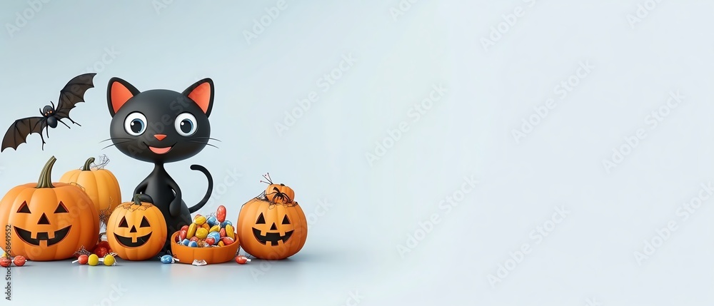 A playful black cat surrounded by Jack-o'-lanterns and candy, perfect for Halloween-themed designs and festive decorations. A playful black cat surrounded by Jack-o'-lanterns and candy, perfect for Halloween-themed designs and festive decorations.