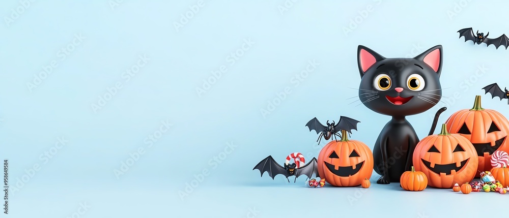 Playful black cat with pumpkins and bats creates a fun Halloween scene, perfect for festive decorations and seasonal projects. Playful black cat with pumpkins and bats creates a fun Halloween scene, perfect for festive decorations and seasonal projects.