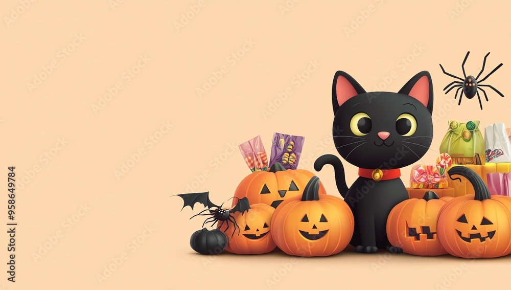 A cute black cat surrounded by Halloween pumpkins and festive treats. Perfect for Halloween-themed visuals. A cute black cat surrounded by Halloween pumpkins and festive treats. Perfect for Halloween-themed visuals.