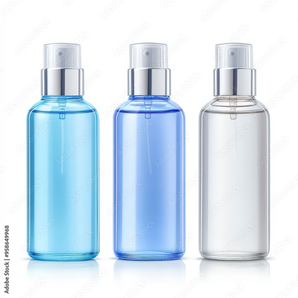 Three bottles of perfume are shown, each with a different color Three bottles of perfume are shown, each with a different color