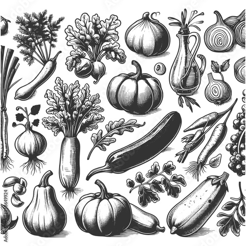 vegetables and herbs, pumpkins, carrots, peppers, and leafy greens, in a vintage style sketch engraving generative ai vector illustration. Scratch board imitation. Black and white image.