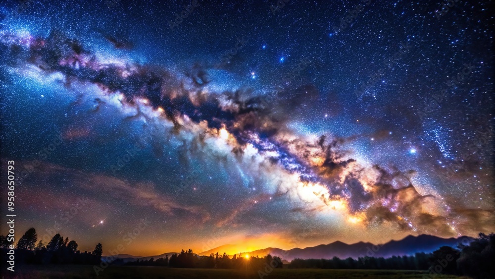 Fototapeta premium A stunning long exposure photograph captures the magnificent Milky Way galaxy illuminating the night sky while the fine particles of space dust create a mesmerizing grainy effect