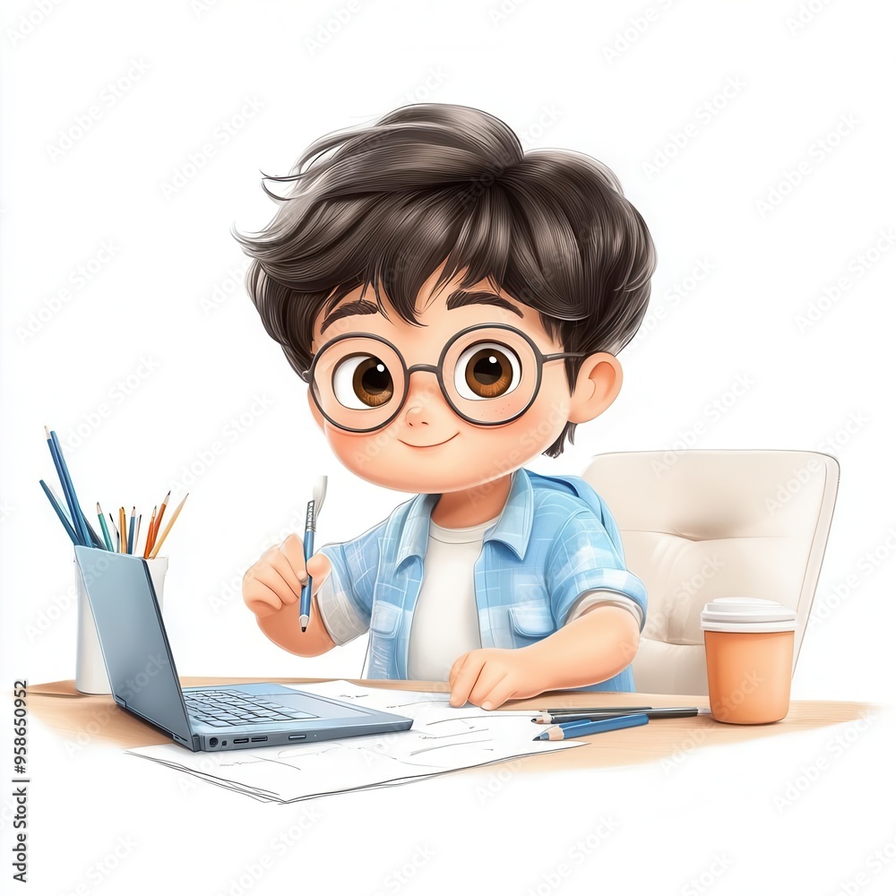 Animator at drawing table, animation sketches on screen, cute clay 3D illustration, in clipart style, sharp focus, on 100% white background Animator at drawing table, animation sketches on screen, cute clay 3D illustration, in clipart style, sharp focus, on 100% white background