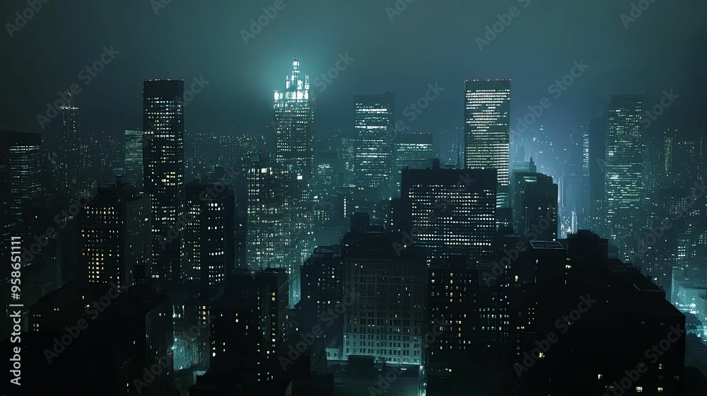 Illuminated Skyscrapers in a Foggy City at Night
