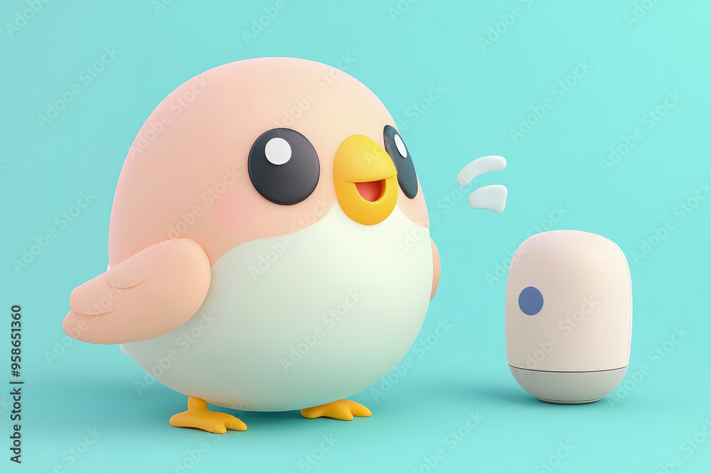 A chubby, cute bird interacts with a small, round gadget robot, set against a pastel blue background, creating a playful scene.