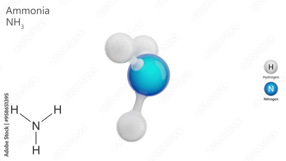 The video shows the 2d structure and 3d model of the ammonium NH3 molecule (azane). Ammonia is a colorless gas with an odor. 3d rendering