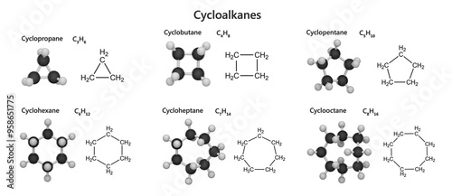 educational material on molecules cycloalkanes: cyclopropane, C3H6, cyclobutane, C4H8, cyclopentane, C5H10, cyclohexane, C6H12, cycloheptane, C7H14, cyclooctane, C8H16. 3d illustration photo