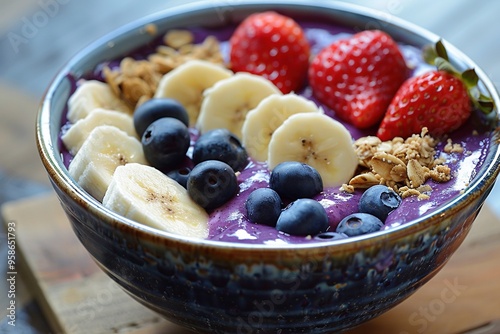 A bowl of fruit with blueberries, bananas, and strawberries