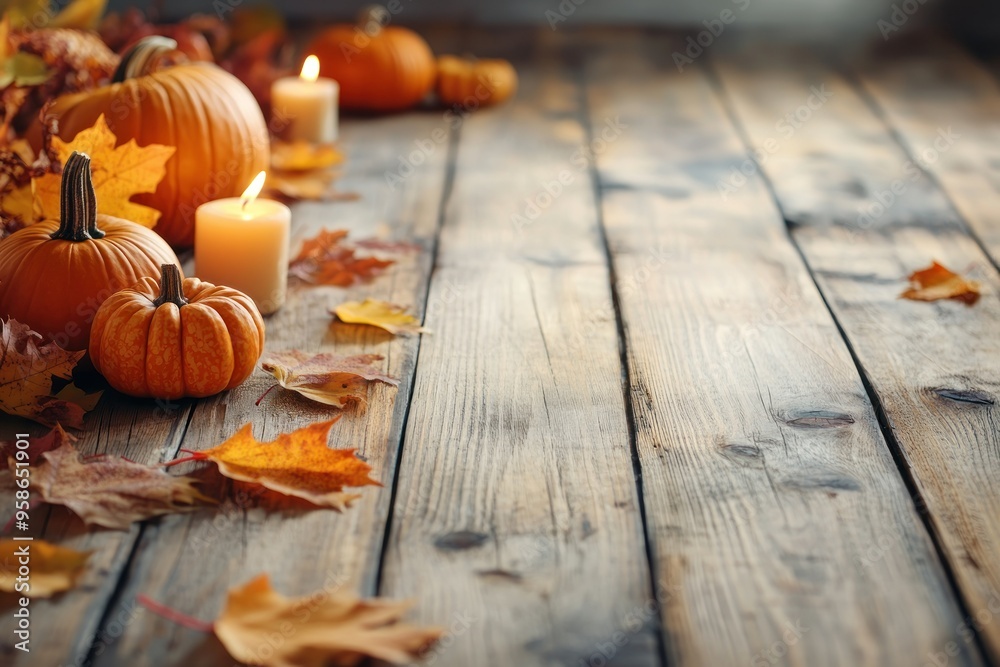 Pumpkins, Candles, and Autumn Leaves on a Rustic Wooden Table Pumpkins, Candles, and Autumn Leaves on a Rustic Wooden Table
