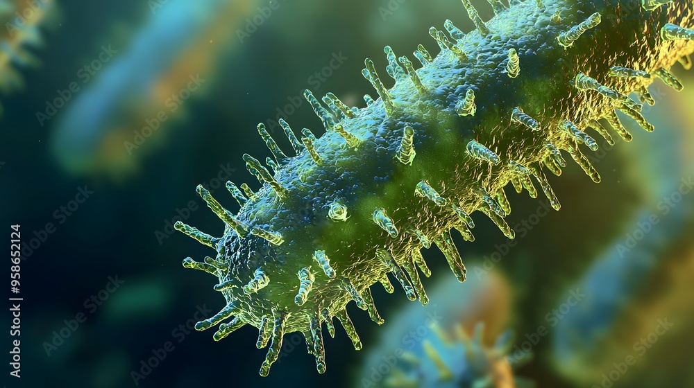 Naklejka premium A highly detailed and realistic close-up of this bacteria: **Spirochaeta aurantia** - A less common spirochete, involved in various environmental processes.