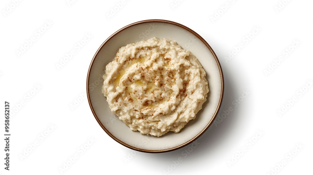 Creamy hummus in bowl with olive oil and spices on white background Creamy hummus in bowl with olive oil and spices on white background