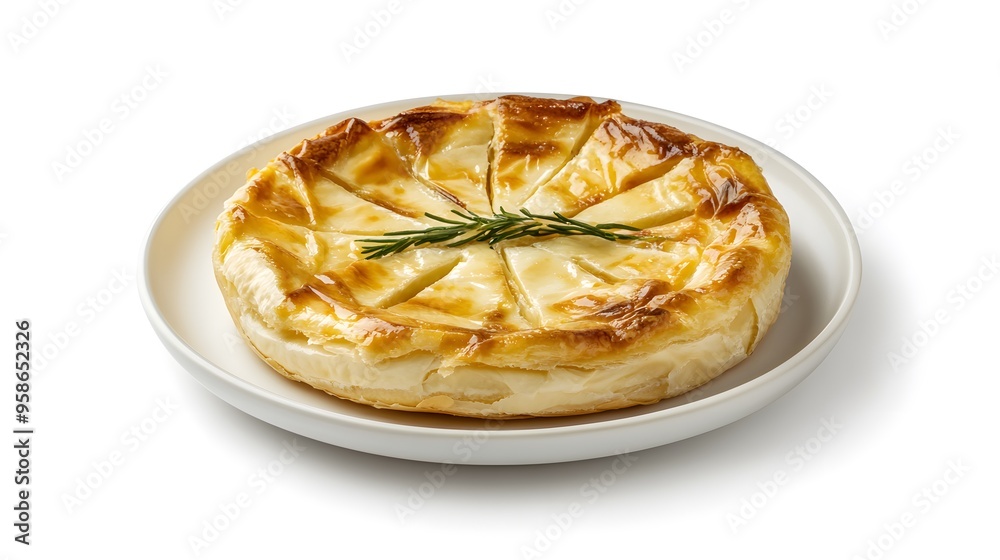 Savory golden puff pastry pie garnished with fresh rosemary on white plate Savory golden puff pastry pie garnished with fresh rosemary on white plate