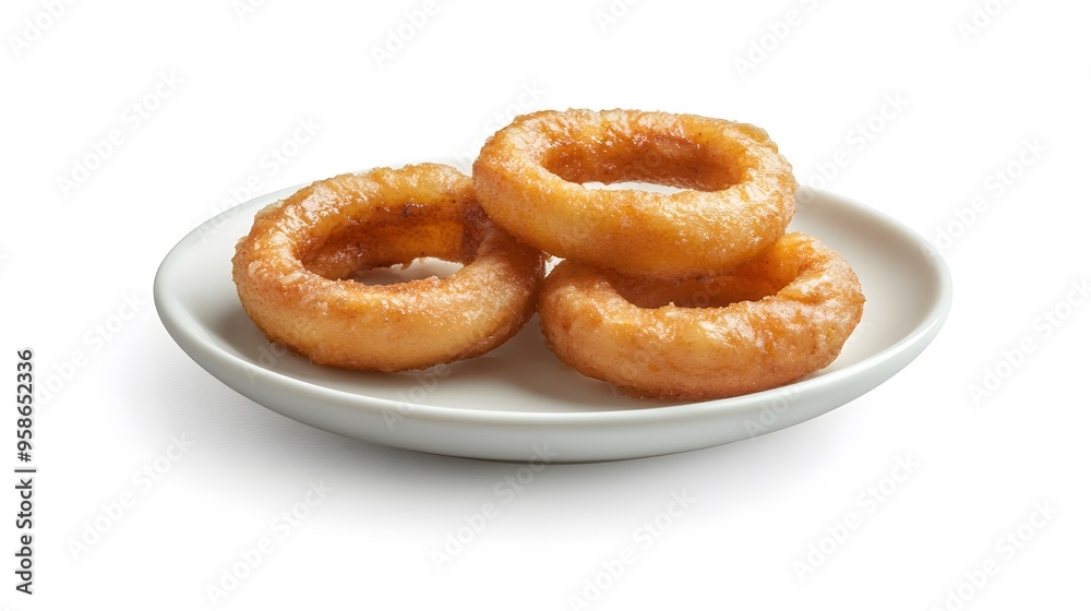 Crispy golden onion rings on white ceramic plate Crispy golden onion rings on white ceramic plate