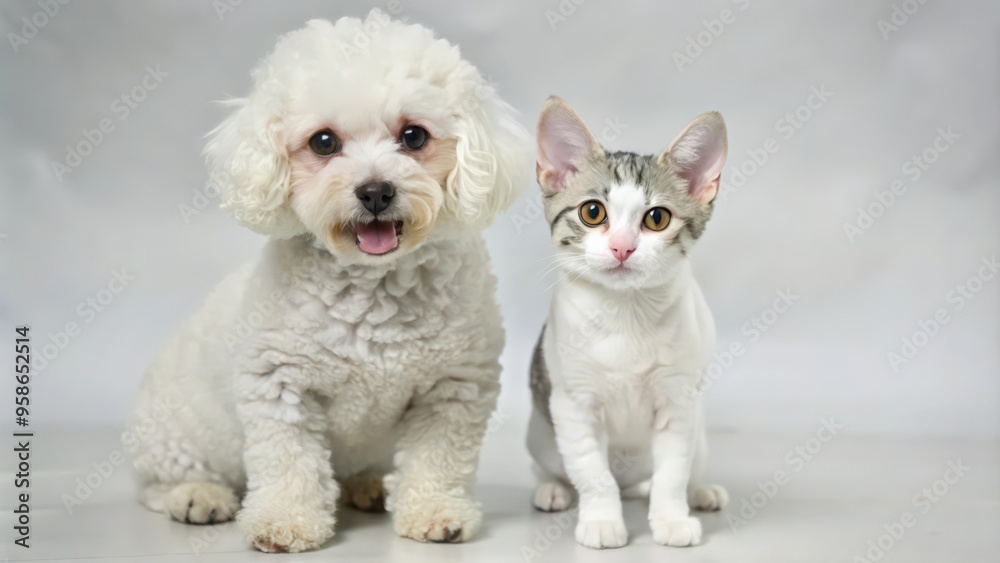 Obraz premium White Poodle and Tabby Cat Sitting Together