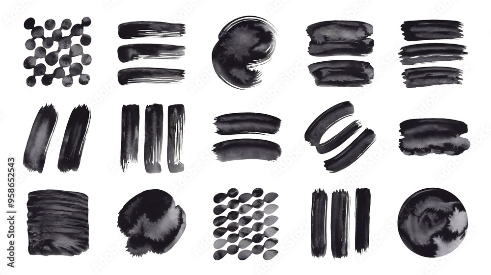 Set, shiny black paint strokes isolated on background, abstract watercolor paints for decoration element or banner.PNG