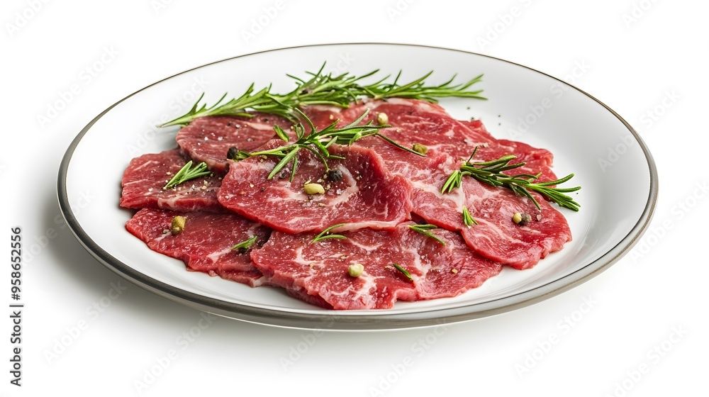 Fresh raw beef slices with rosemary on a plate perfect for culinary inspiration Fresh raw beef slices with rosemary on a plate perfect for culinary inspiration