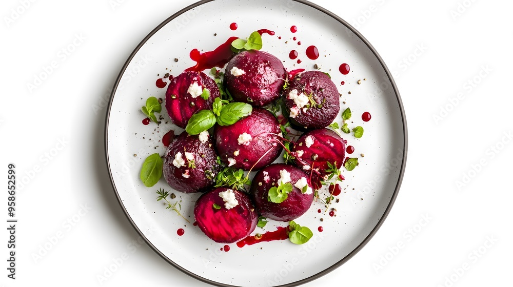 Gourmet beetroot salad with fresh herbs and feta on white plate