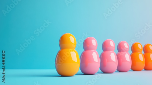 Orange figure stands out in a line of pink figures on a blue background, symbolizing individuality, uniqueness, and difference.