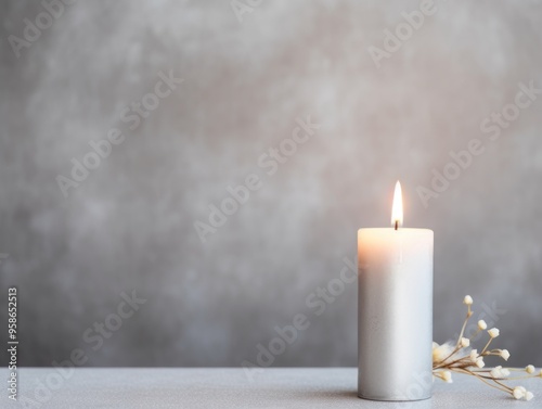 Silver background with white thin wax candle with a small lit flame for funeral grief death dead sad emotion with copy space texture for display 