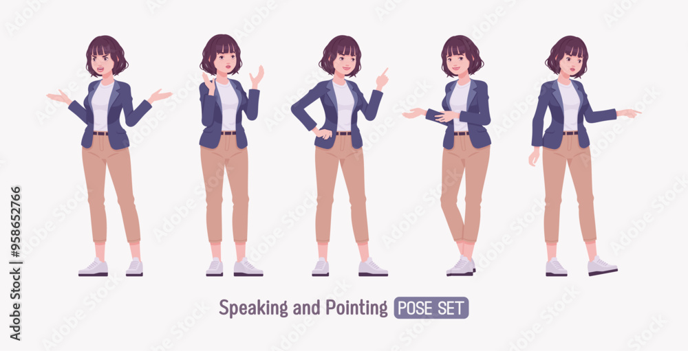 Fototapeta premium Effective good looking business young woman speaker explain pose set. Female tutor, friendly girl manager, saleswoman helper, millennial employer in formal wear, corporate leader. Vector illustration