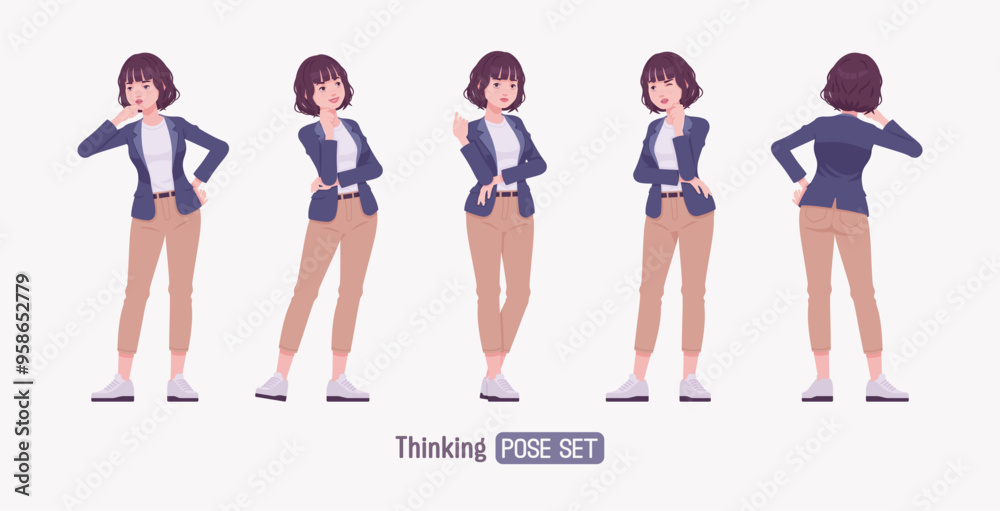Fototapeta premium Effective good looking business young woman thinking how pose set. Female tutor, friendly girl manager, saleswoman helper, millennial employer in formal wear, corporate leader. Vector illustration