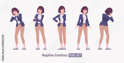 Effective good looking business young woman unhappy sad pose set. Female tutor, friendly girl manager, saleswoman helper, millennial employer in formal wear, corporate leader. Vector illustration