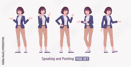 Effective good looking business young woman speaker explain pose set. Female tutor, friendly girl manager, saleswoman helper, millennial employer in formal wear, corporate leader. Vector illustration