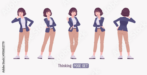 Effective good looking business young woman thinking how pose set. Female tutor, friendly girl manager, saleswoman helper, millennial employer in formal wear, corporate leader. Vector illustration