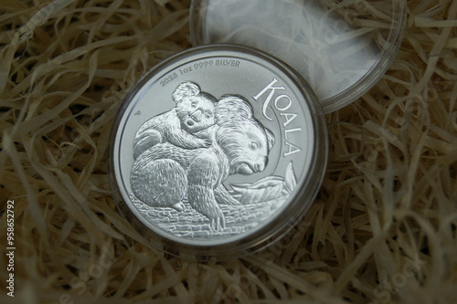 1 Dollar Australian koala 2023. Australian silver investment coin in capsule.