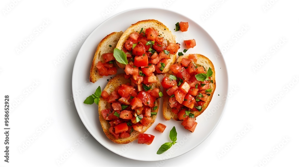 Fresh tomato bruschetta with basil on crispy bread Fresh tomato bruschetta with basil on crispy bread