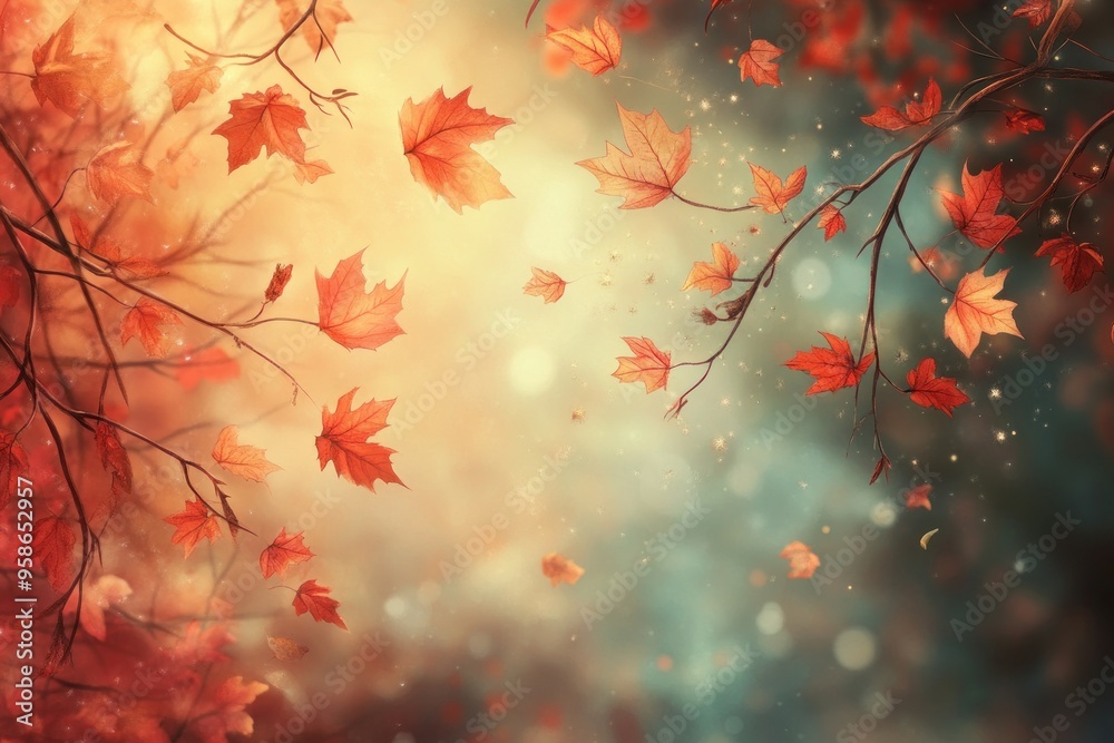Autumn Leaves Falling from Branches Against a Blurry Background Autumn Leaves Falling from Branches Against a Blurry Background