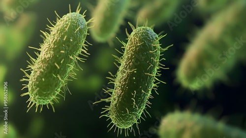 A highly detailed and realistic close-up of this bacteria: **Escherichia coli** - Commonly found in the intestines; some strains can cause food poisoning.