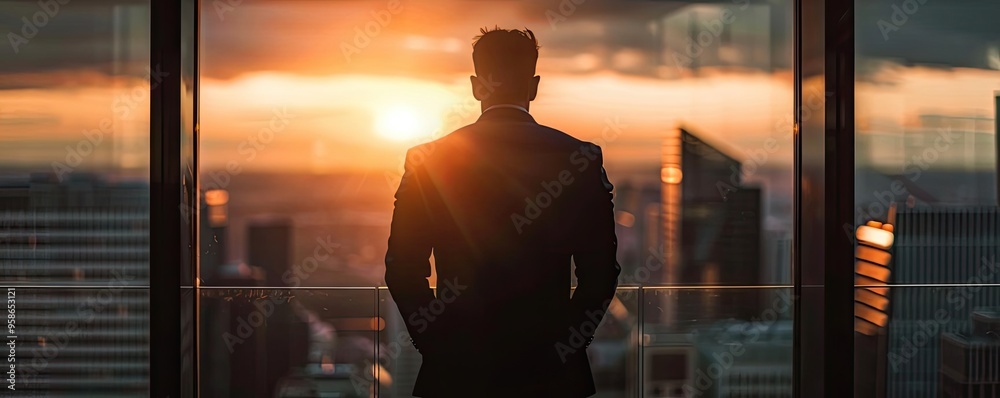A silhouette of a businessman looking out at a stunning sunset from a city high-rise, symbolizing ambition and opportunity. A silhouette of a businessman looking out at a stunning sunset from a city high-rise, symbolizing ambition and opportunity.