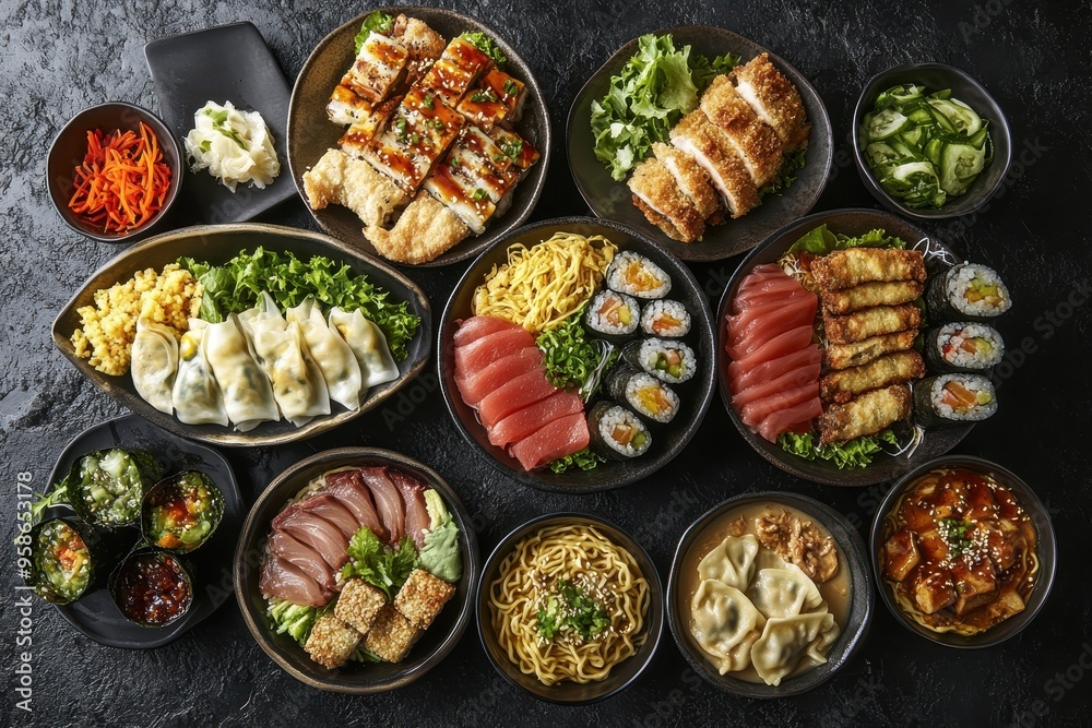 A vibrant spread of various Asian dishes including sushi, dumplings, and noodles.