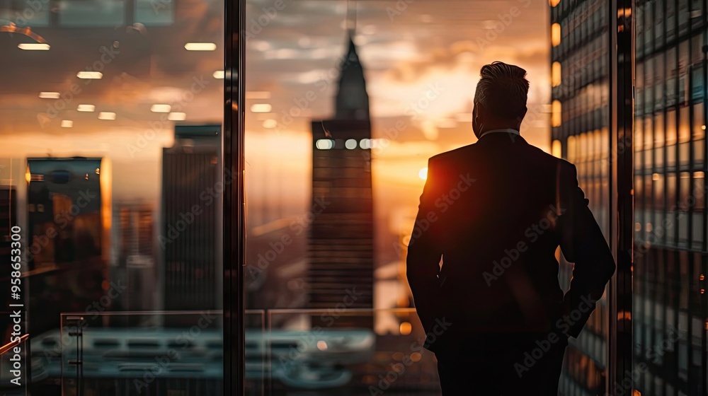Silhouette of a businessman gazing at a stunning sunset over a city skyline from an office window. Silhouette of a businessman gazing at a stunning sunset over a city skyline from an office window.
