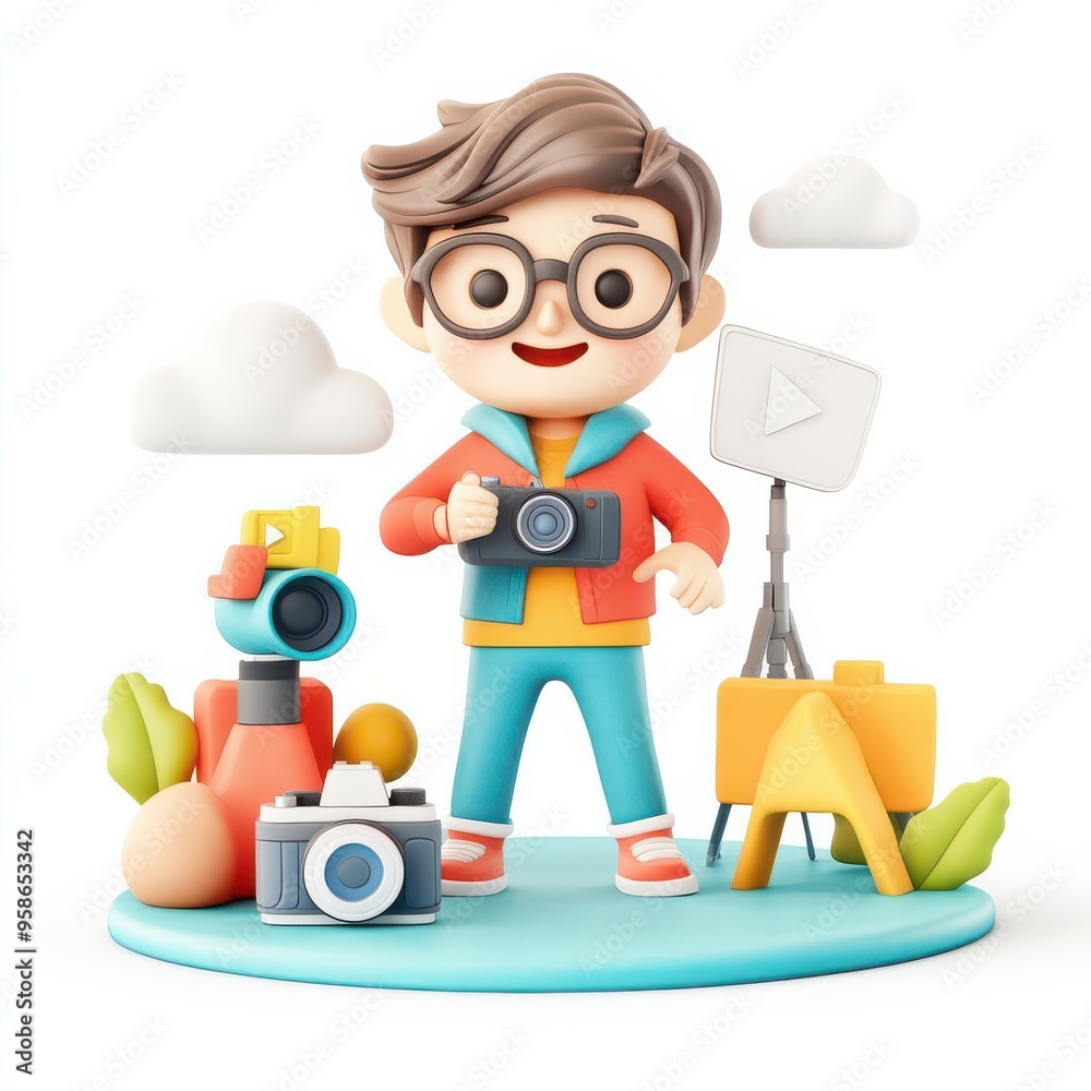 YouTuber recording video, camera and lighting setup, cute clay 3D illustration, in clipart style, sharp focus, on 100% white background