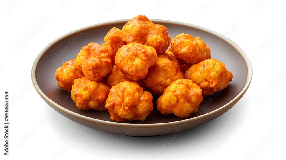 Spicy buffalo cauliflower bites on a plate against white background Spicy buffalo cauliflower bites on a plate against white background
