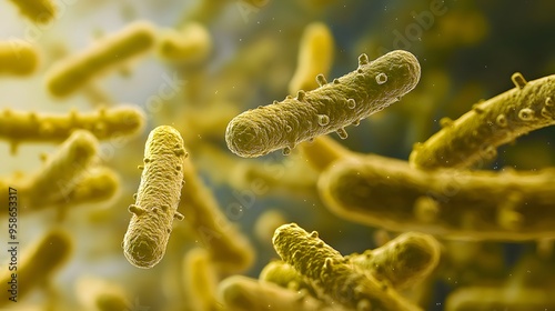 A highly detailed and realistic close-up of this bacteria: **Bacillus subtilis** - Soil bacterium known for its role in decomposition and fermentation.