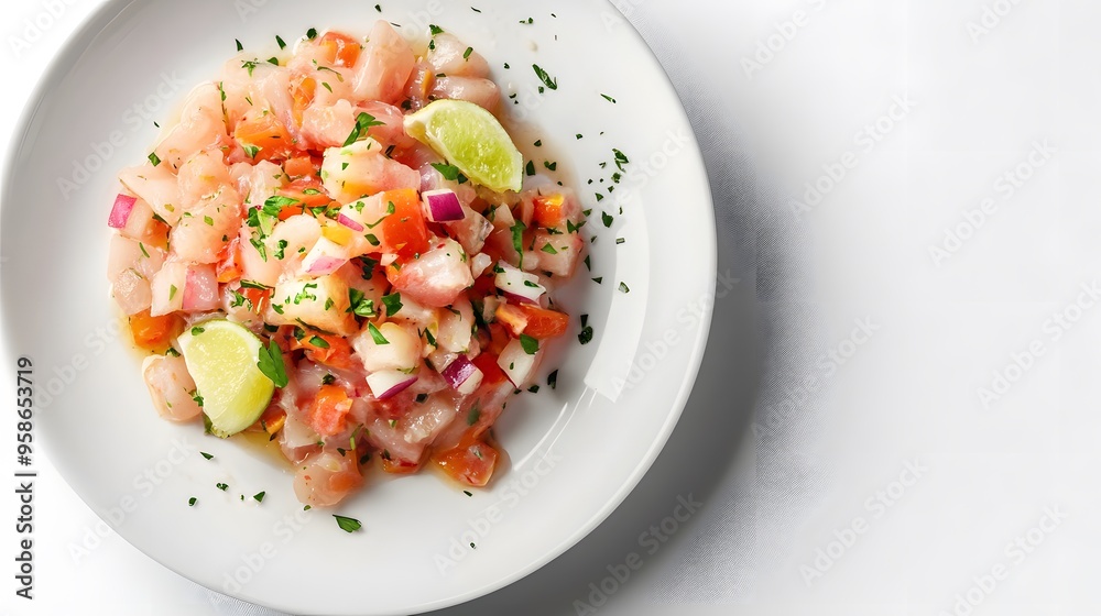Fresh seafood ceviche on white plate with lime and herbs Fresh seafood ceviche on white plate with lime and herbs