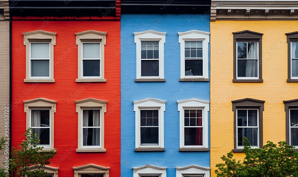 Three Colorful Row Houses with Windows Three Colorful Row Houses with Windows