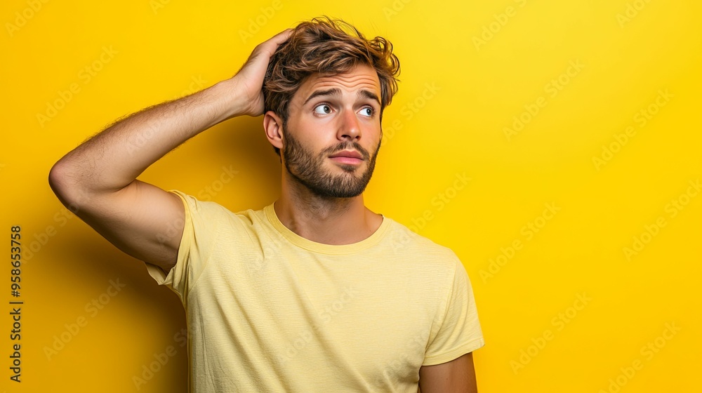 Thoughtful Man with a Hand on His Head Against a Yellow Background Thoughtful Man with a Hand on His Head Against a Yellow Background