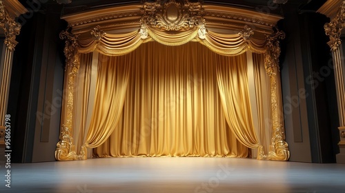theatre stage with red,gold curtains and ornate details, illuminated by a spotlight