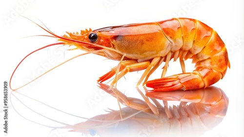 Bright orange prawn isolated on white background reflected, delicacy, transparent, freshness, appetizing, translucency, aquatic,crayfish, isolated, seafood, macro, marine, shellfish