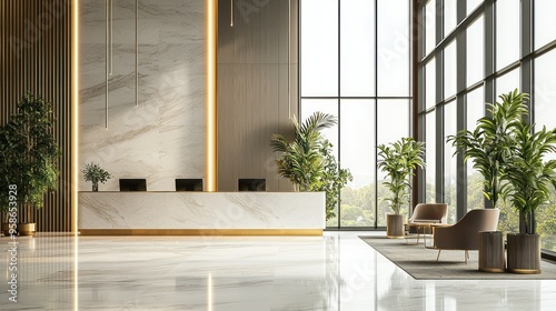 Modern Lobby with Marble Reception Desk, Gold Accents, and Green Plants photo