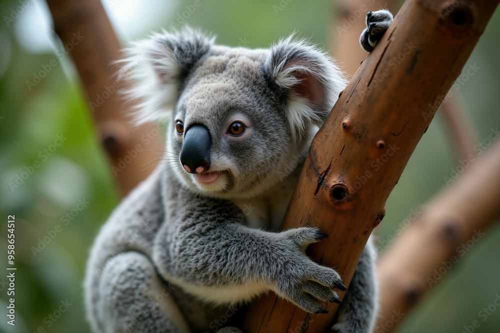 Obraz premium Adorable Koala Bear Climbing Tree in Australia. Wild Life.