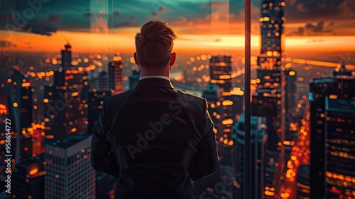 A businessman gazes at a vibrant sunset over a bustling cityscape, reflecting ambition and dreams in a metropolitan environment.