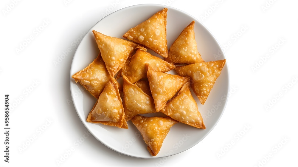 Crispy golden sambusas on white plate: delicious snack arrangement Crispy golden sambusas on white plate: delicious snack arrangement