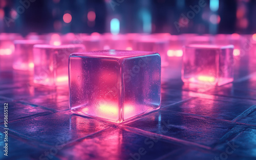 Glowing ice cubes on neon-lit surface, creating a mesmerizing futuristic aesthetic with vibrant colors and reflections in a sci-fi setting.