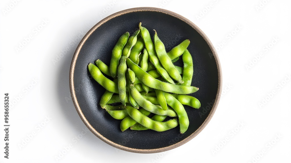 Fresh edamame in black bowl: healthy green snack on white minimalist background Fresh edamame in black bowl: healthy green snack on white minimalist background