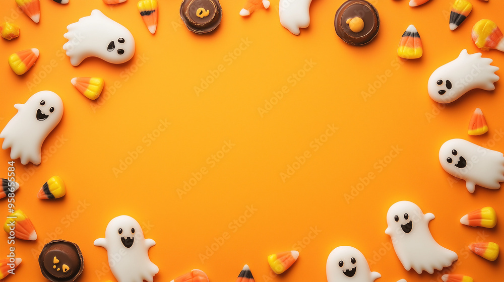 Halloween Candy and Ghosts on Orange Background Halloween Candy and Ghosts on Orange Background